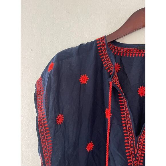 J Crew Tunic S Embroidered Indian Cotton Beach Poncho Cover Up Top Navy Boho - Picture 2 of 7